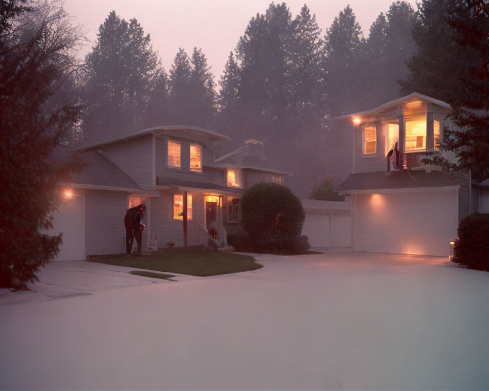 Suburban home in twilight mist with glowing lights and figure.