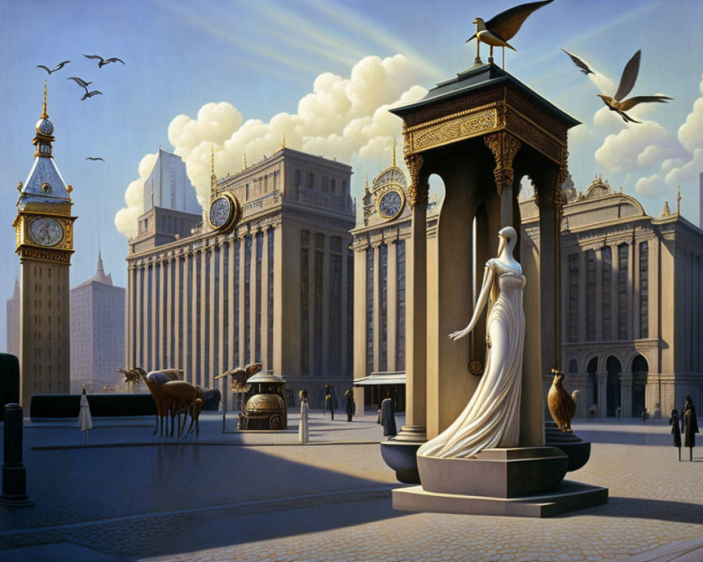 Surreal artwork: serene plaza with classical architecture, statue, Big Ben, antique cars, horses