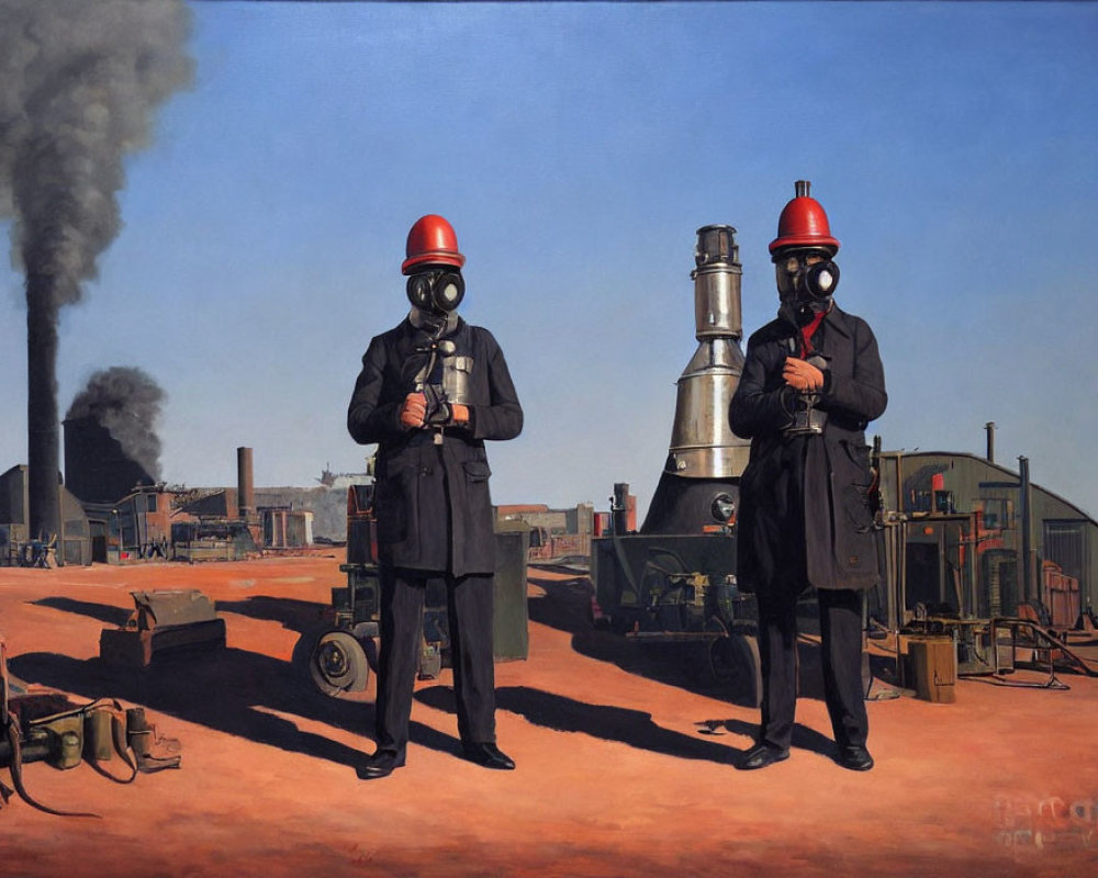 Two People in Black Suits and Red Gas Masks in Industrial Setting with Smoking Chimneys and Clear Sky