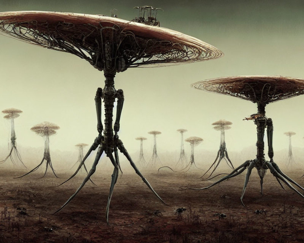 Alien structures in desolate landscape: inverted mushroom and jellyfish-like forms.