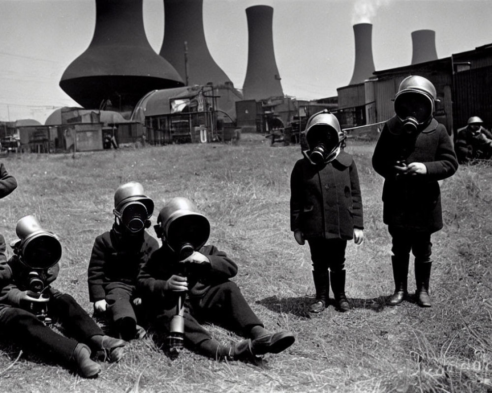 Children in early gas masks with industrial chimneys.