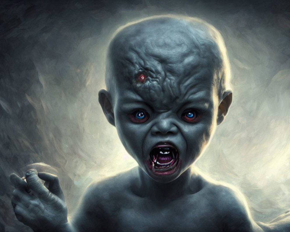 Creepy baby illustration with red eyes and third eye on dark background