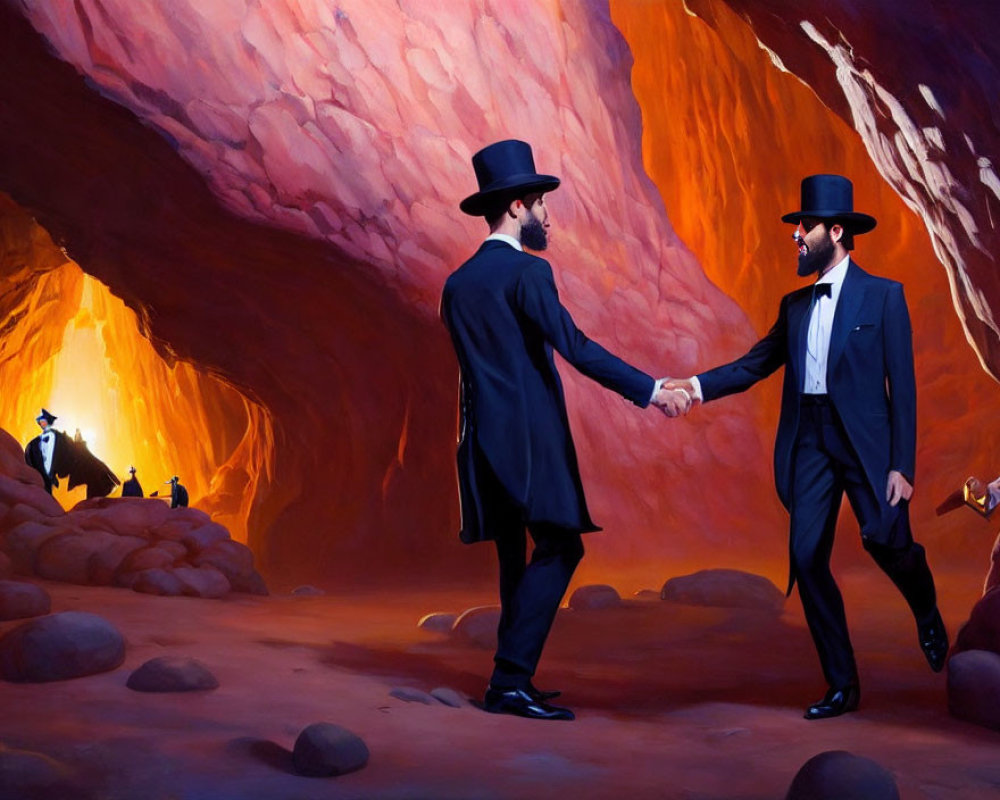 Two men in formal attire with top hats shaking hands in red cave setting.