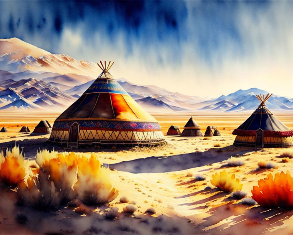 Desert camp illustration with teepees, mountains, and dramatic sky