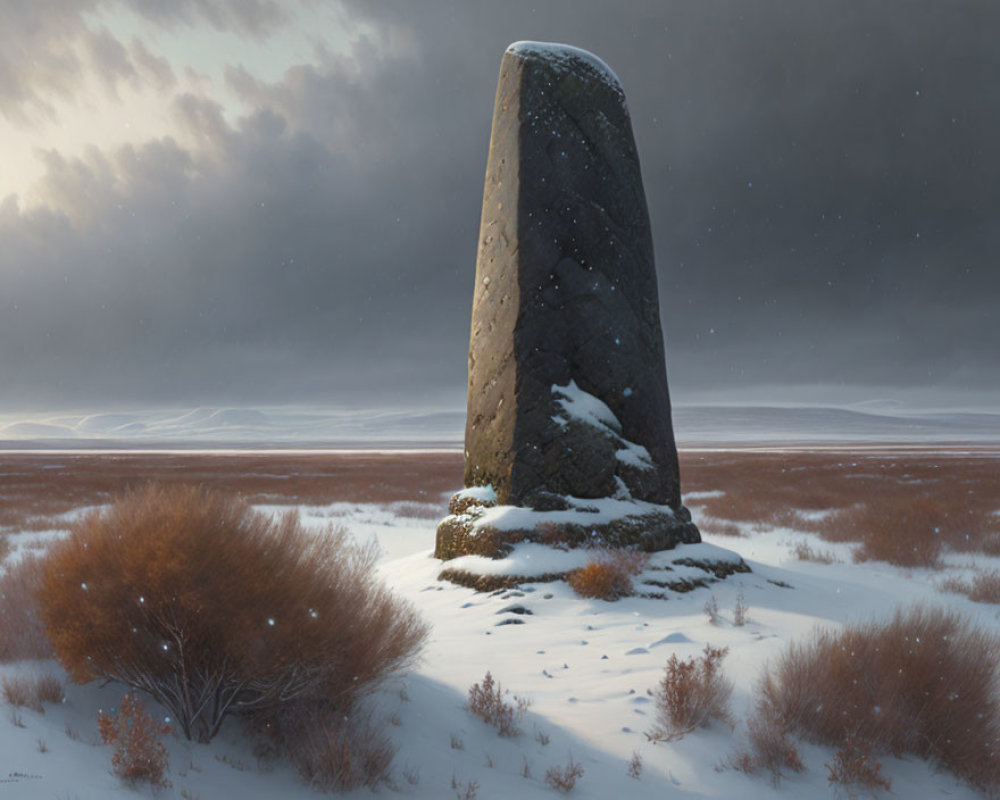 Solitary tall standing stone in snowy field with moody sky