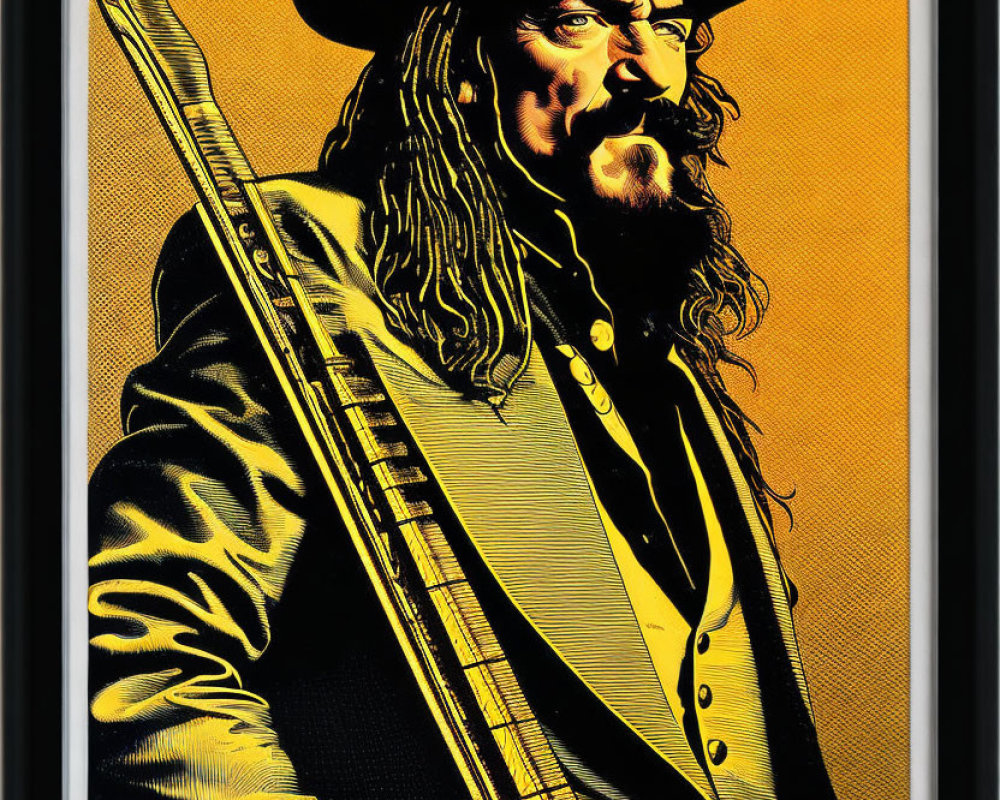 Illustration of bearded man in wide-brimmed hat with rifle on yellow background