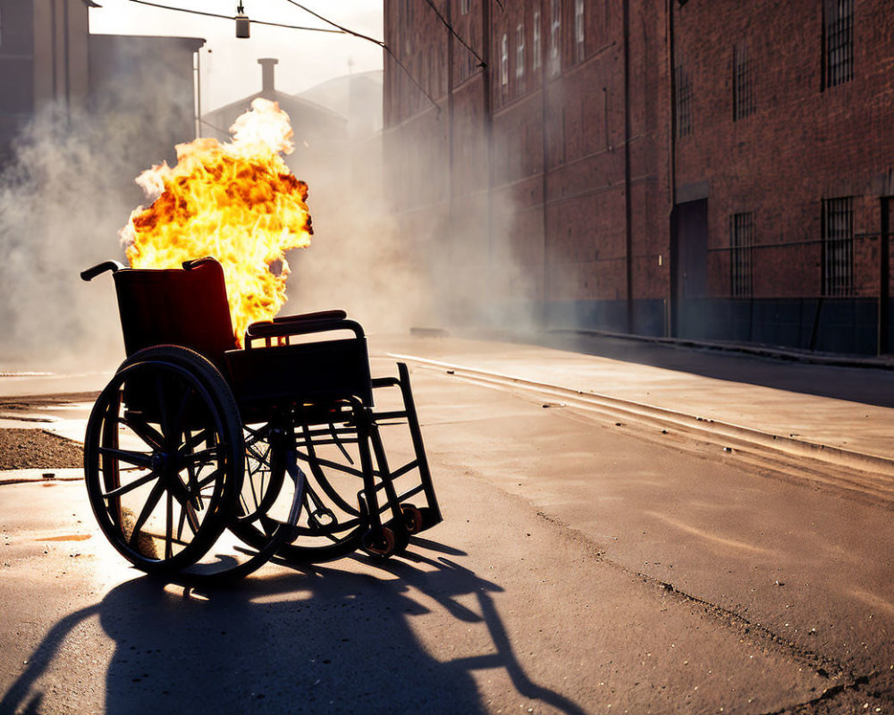 Empty wheelchair engulfed in flames on urban street with industrial backdrop
