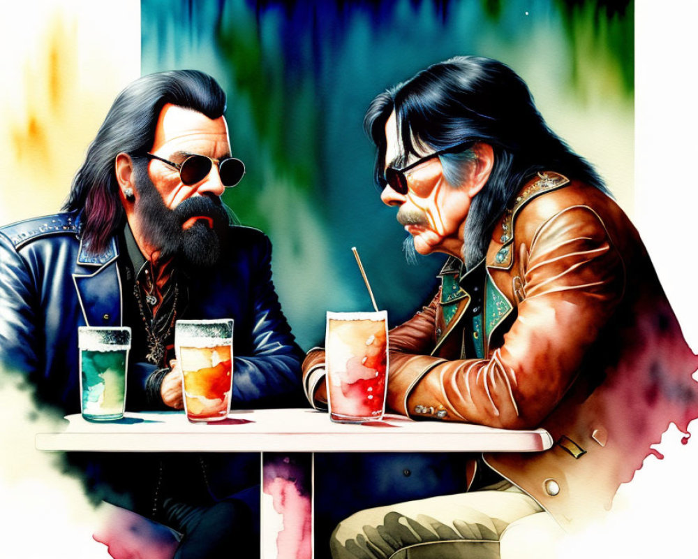 Illustrated Men in Sunglasses and Leather Jackets at Colorful Drinks Table