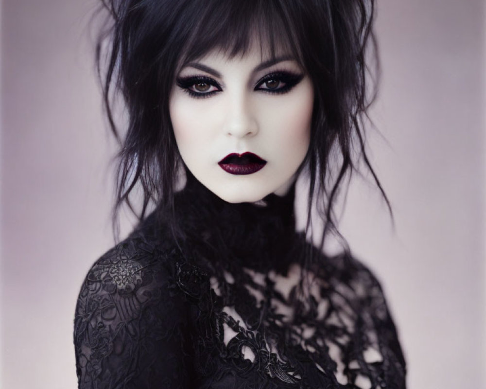 Dark Gothic Fashion Woman with Messy Black Hair and Lace Top