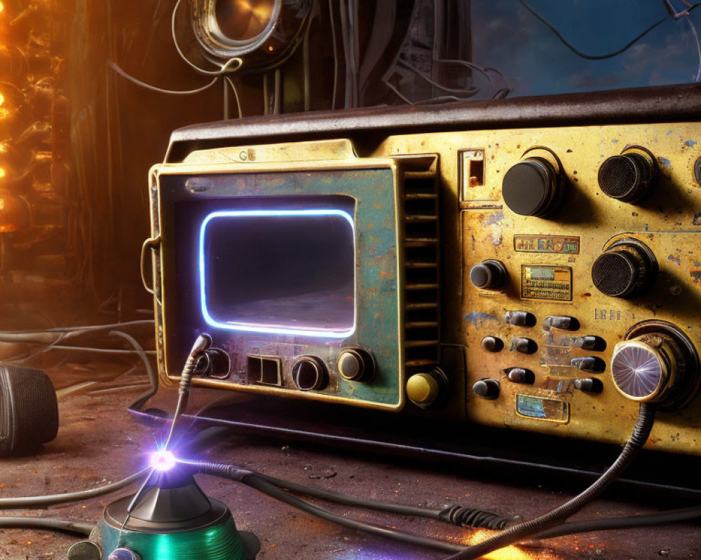 Vintage Yellow Oscilloscope with Glowing Screen and Dials in Workshop Setting