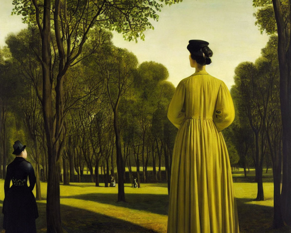 Two women in period attire in serene park with lush trees