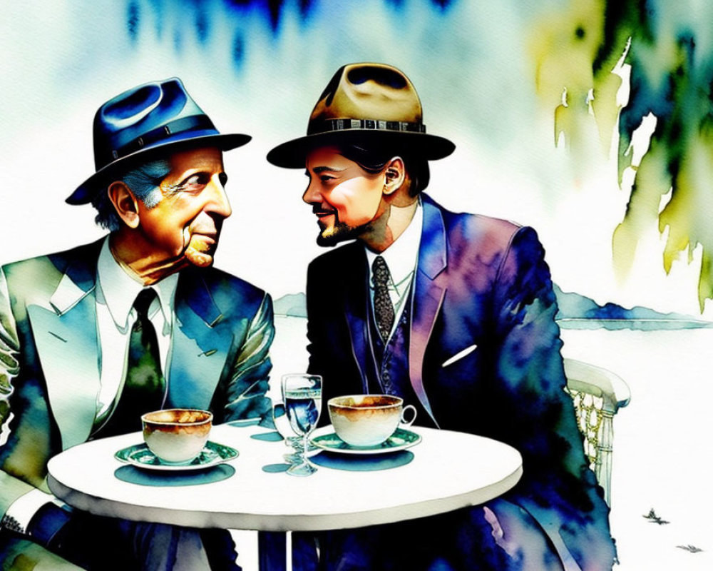 Two men in hats chatting at cafe table with coffee cups on colorful backdrop
