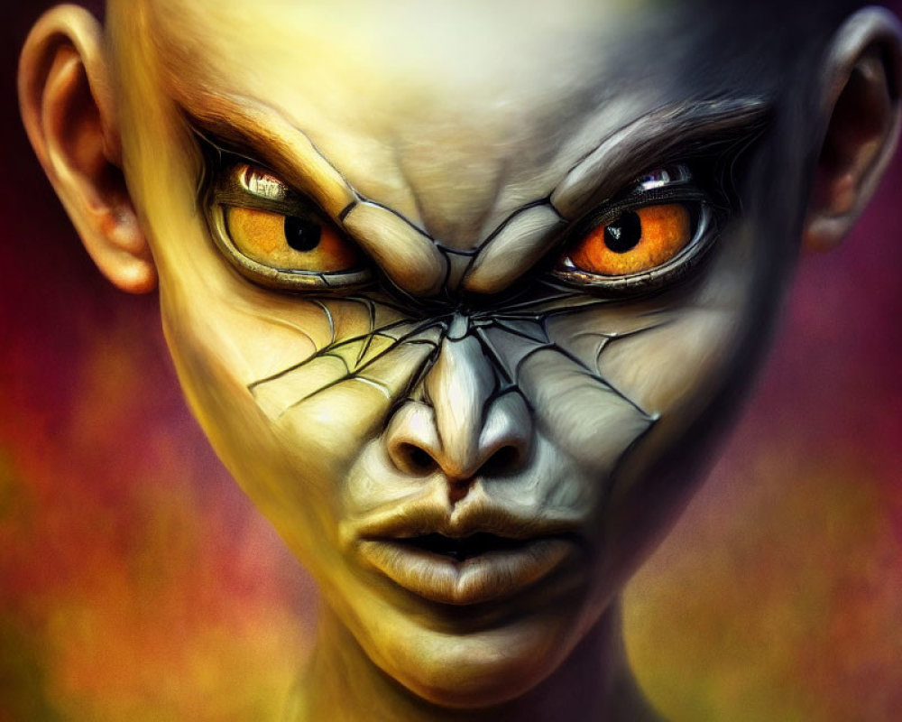Pale-skinned humanoid creature with orange eyes and dark fissures on face.