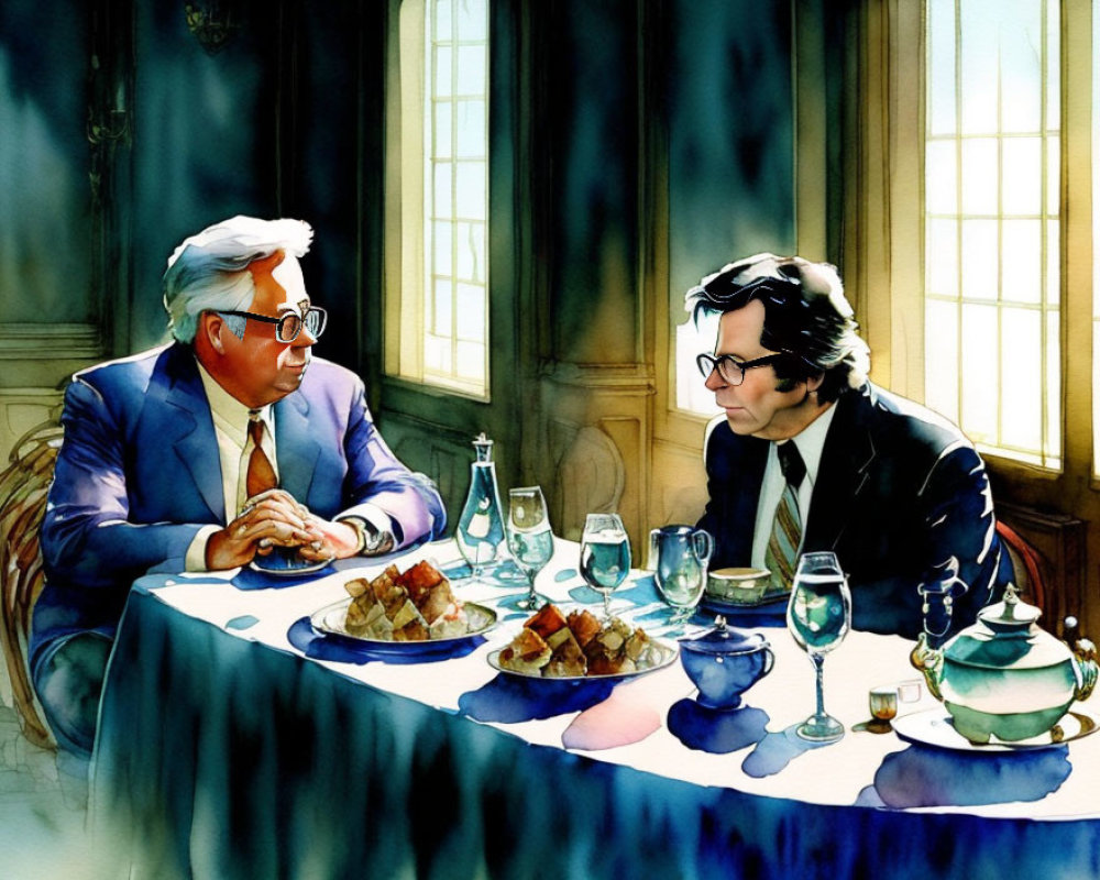 Two men in suits having a serious conversation in an elegant dining room.
