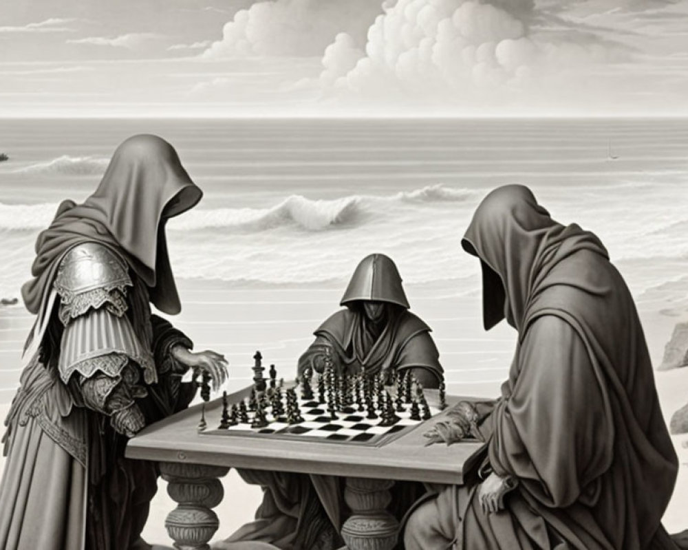 Cloaked Figures Playing Chess on Beach with Cloudy Sky