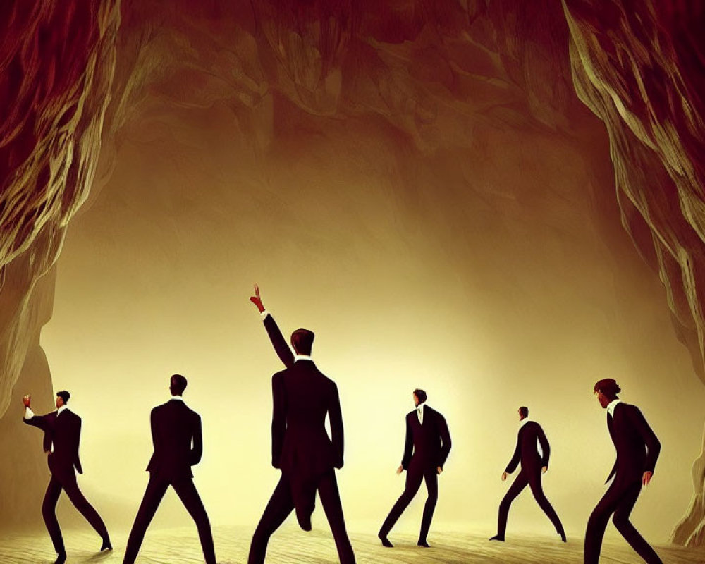 Businesspeople in suits silhouetted in cavernous space pointing towards light source.