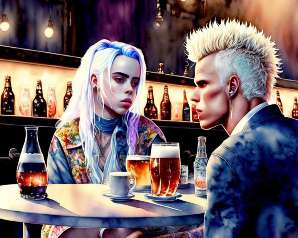 Stylized illustration of two punk-inspired figures at a bar