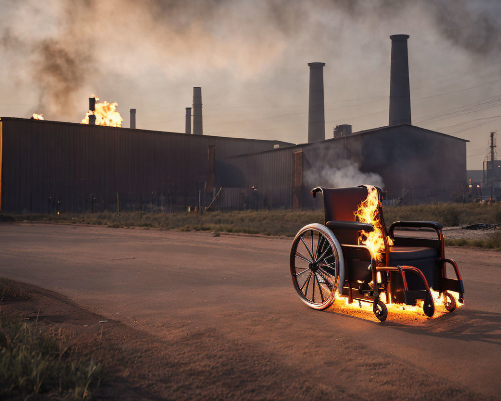 Flaming wheelchair and industrial plant at dusk