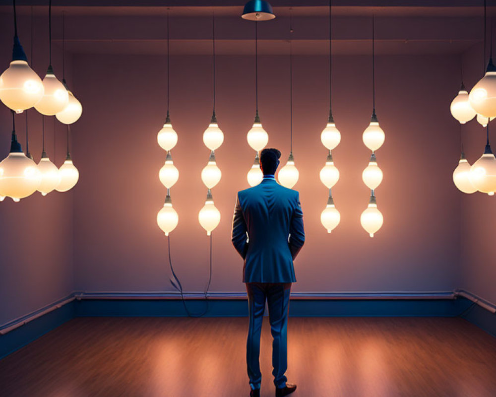 Man in suit gazes at illuminated hanging lightbulbs in dim room