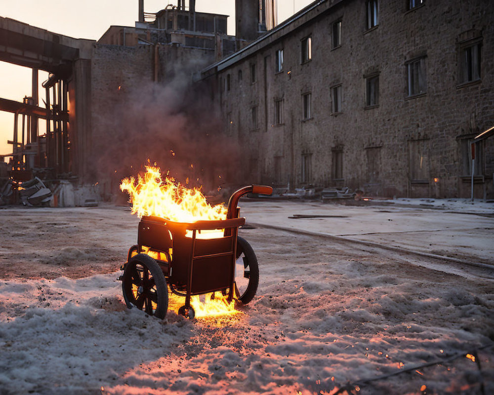 Flaming wheelbarrow in snowy twilight with industrial buildings.