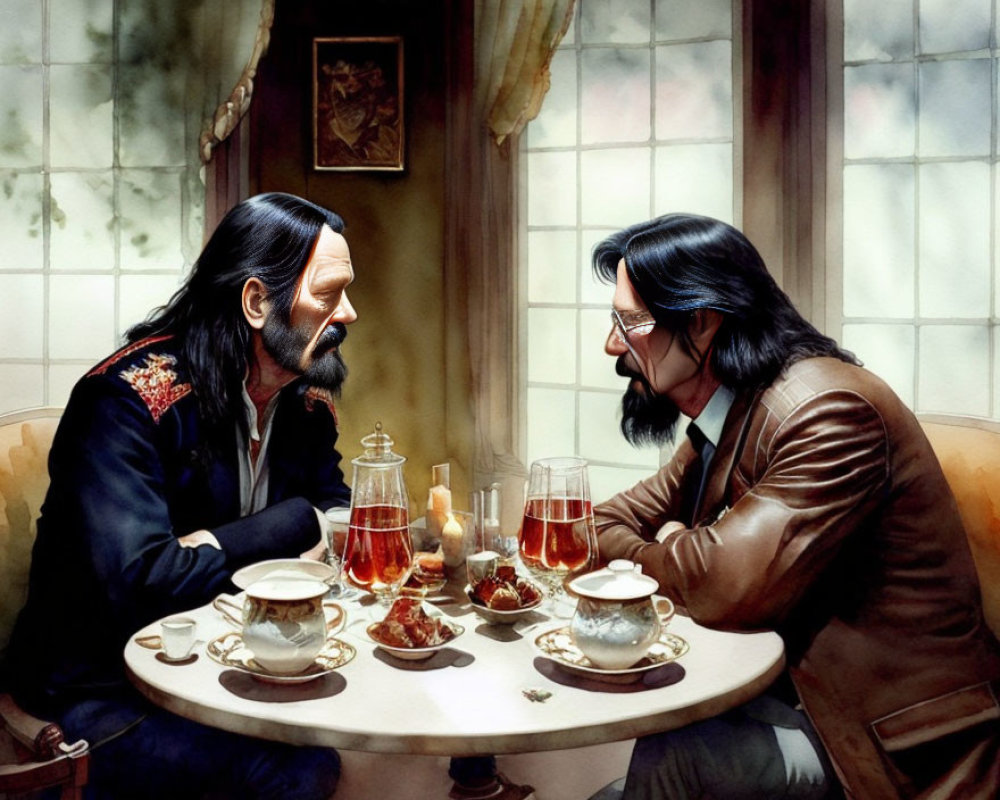 Historical figures having tea in elegantly furnished room