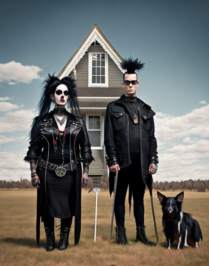 Gothic attired pair with black dog in front of house under cloudy sky