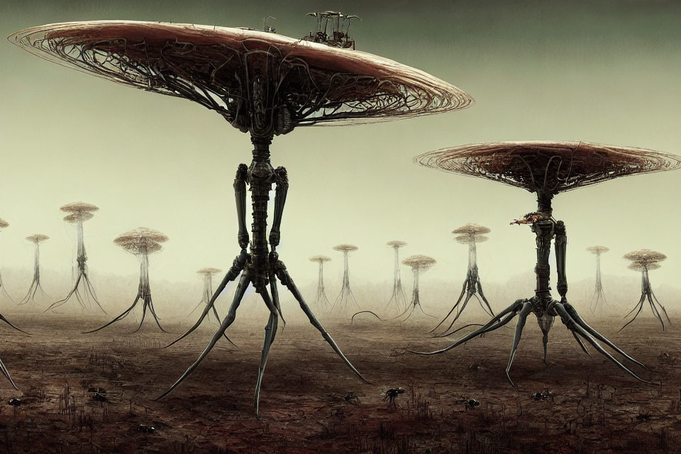 Alien structures in desolate landscape: inverted mushroom and jellyfish-like forms.