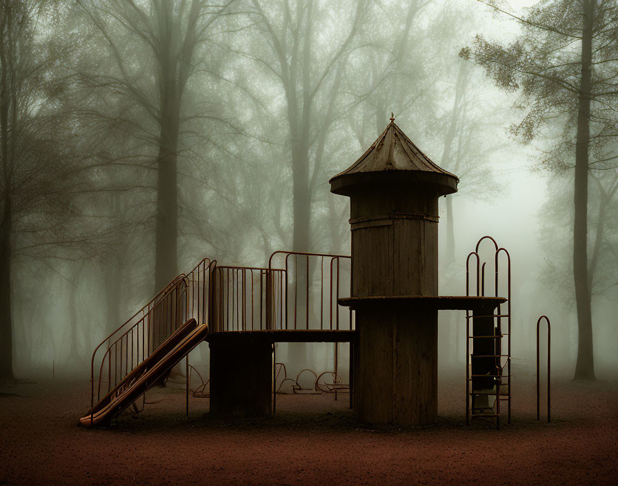 Abandoned playground in foggy forest with slide, guard tower, and swings