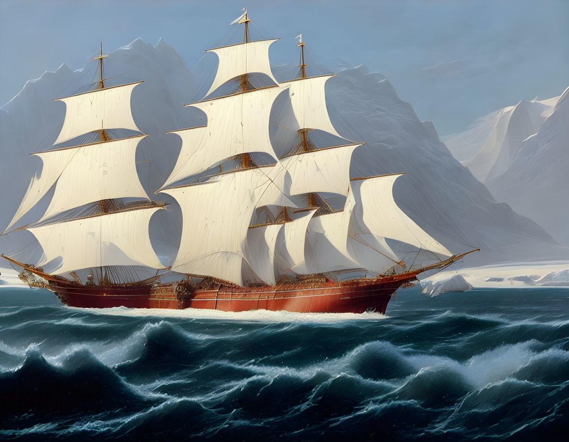 Tall ship with billowing sails in turbulent seas near icy mountains