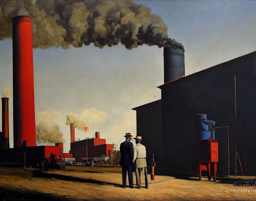 Two men in white hats at industrial site with smokestacks against blue sky