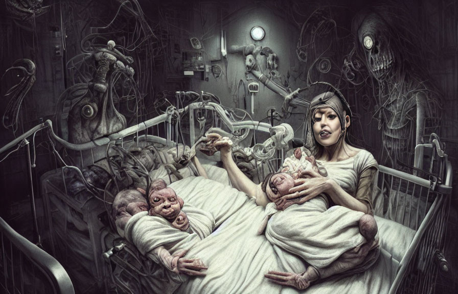 Surreal dark art: person in hospital bed with grotesque creatures