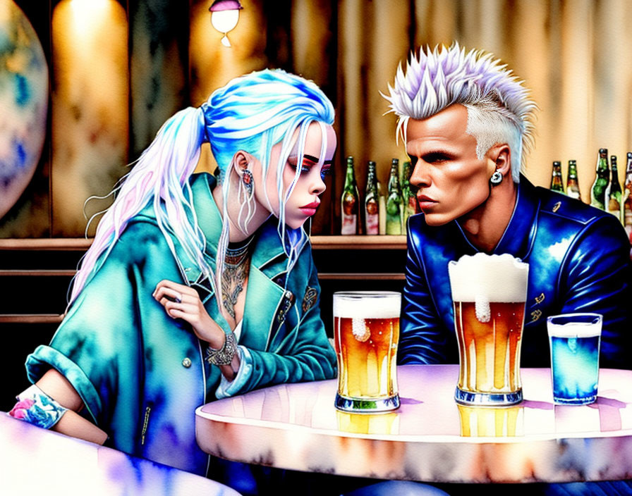 Animated characters with punk hairstyles in deep conversation at a bar with beer glasses.