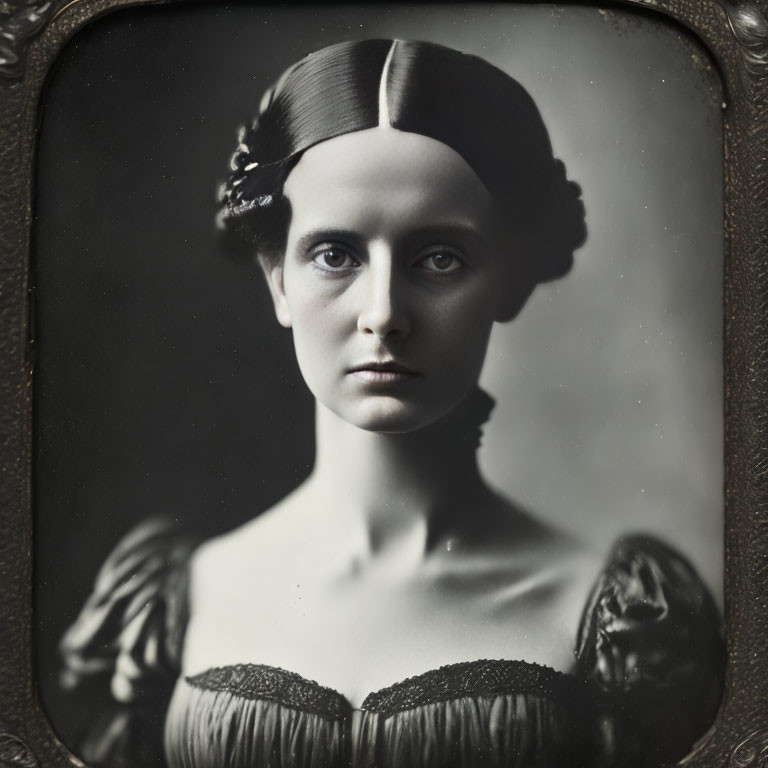Vintage Portrait of Woman with Center-Parted Hair in Oval Frame