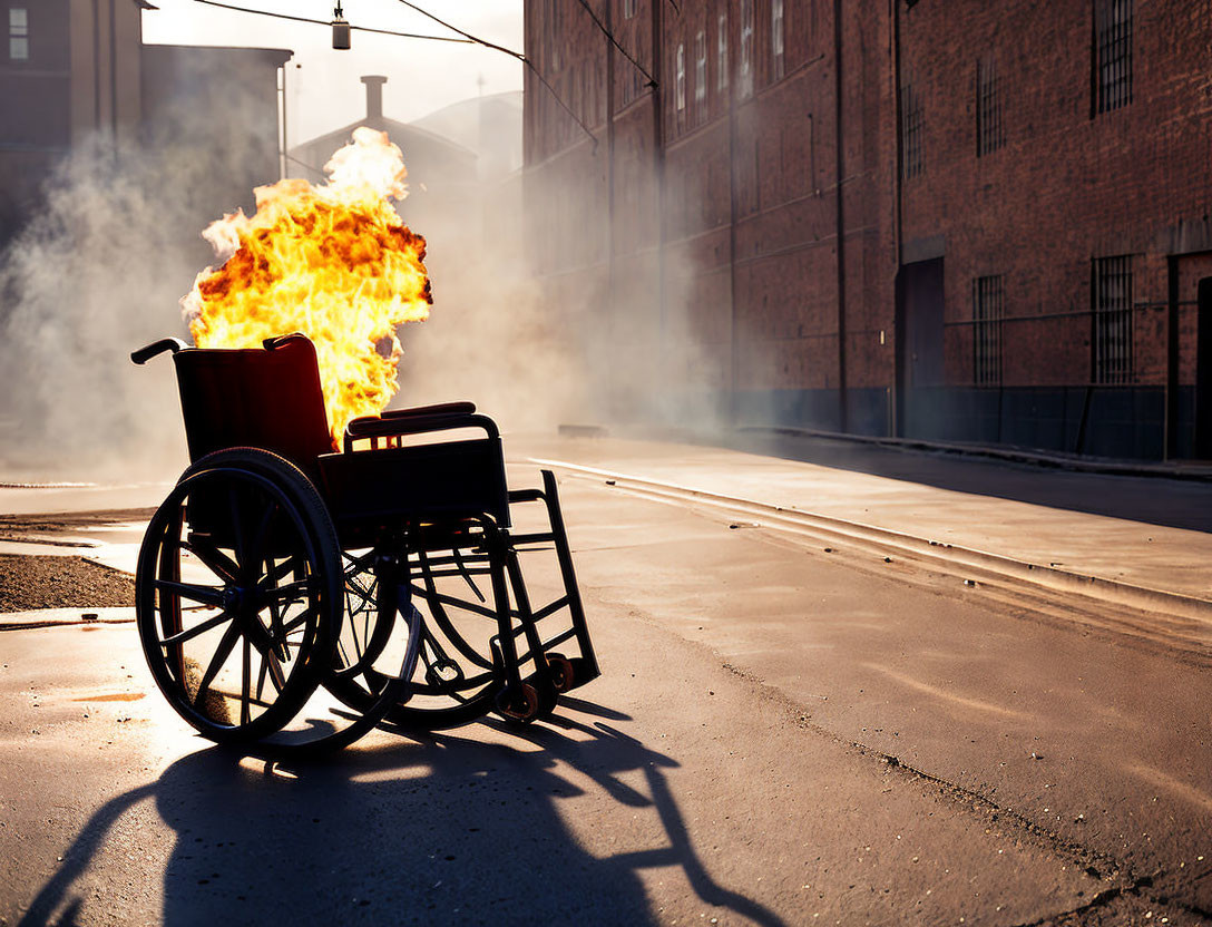 Empty wheelchair engulfed in flames on urban street with industrial backdrop