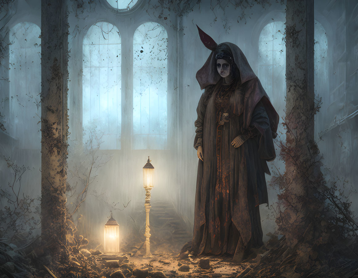 Cloaked figure in misty gothic cathedral with glowing lamp and birds