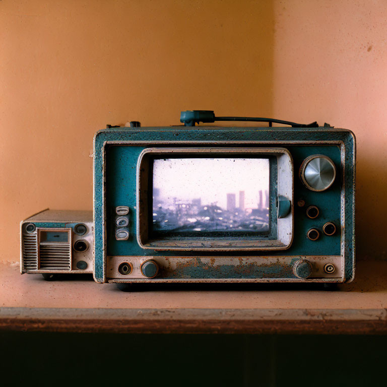 Vintage Teal Portable Television with Dust and Signs of Wear on Beige Background