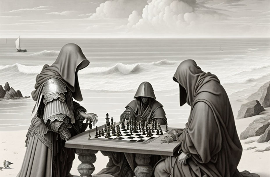 Cloaked Figures Playing Chess on Beach with Cloudy Sky