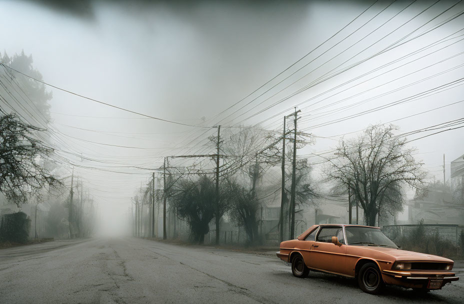 Vintage orange car in foggy street with bare trees and power lines.