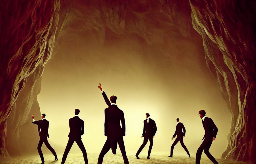 Businesspeople in suits silhouetted in cavernous space pointing towards light source.