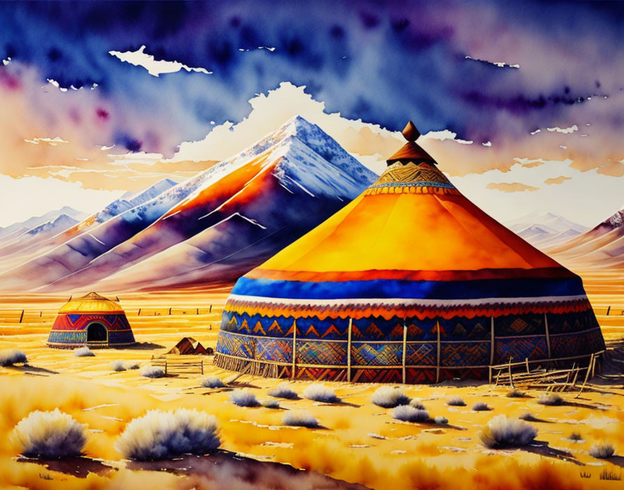Vibrant traditional yurts in desert with snowy mountains and dramatic sky