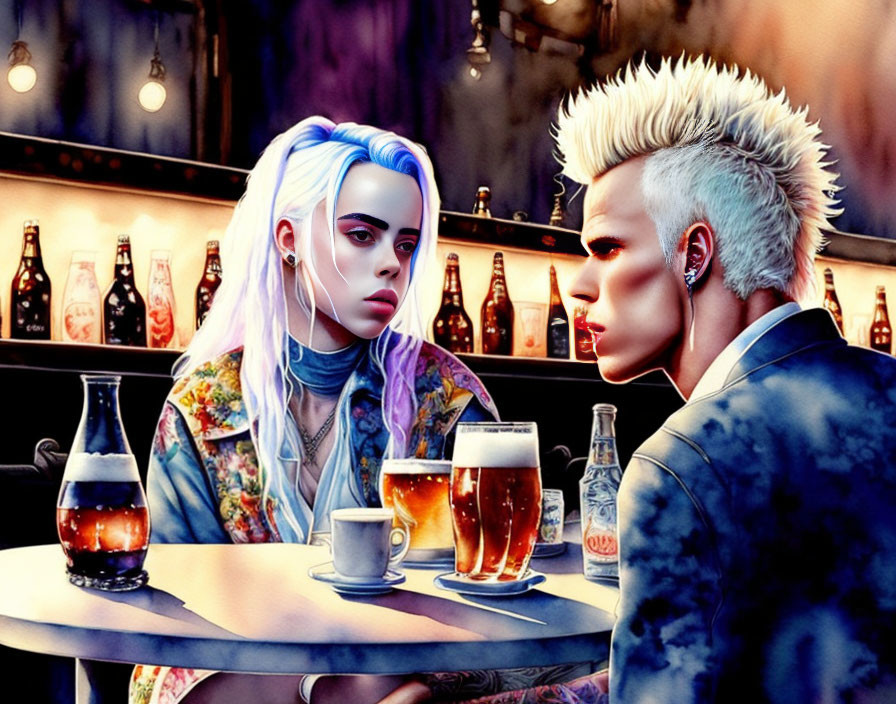 Stylized illustration of two punk-inspired figures at a bar