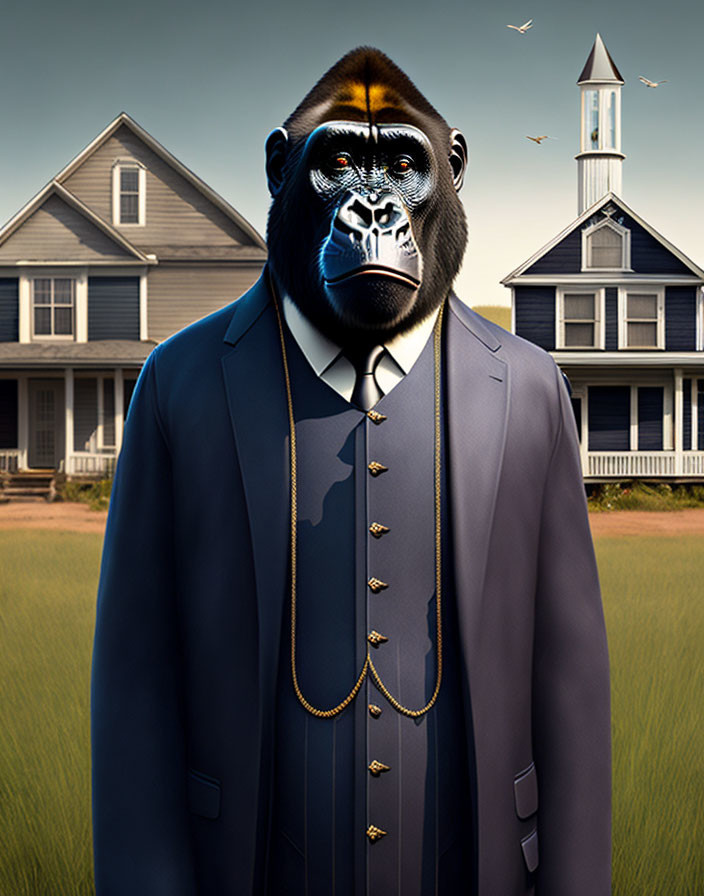 Gorilla in suit with pocket watch in suburban setting.