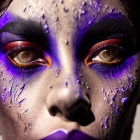 Dramatic purple and red eye makeup with dark purple lips and highlighted skin