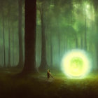 Mysterious figure in cloak in enchanted forest with glowing lights and luminous orb