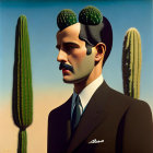 Surrealistic portrait of a man with cacti, clear sky background