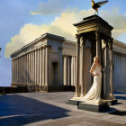 Surreal artwork: serene plaza with classical architecture, statue, Big Ben, antique cars, horses