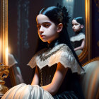 Dark-haired girl in gothic outfit reflects in ornate mirror by candle