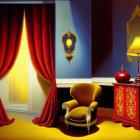 Sophisticated interior with yellow chair, red curtains, patterned cabinet, gold pendulum, lamp