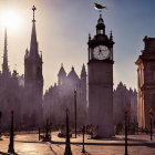 Historical clock towers and buildings in a square at sunset with flying birds