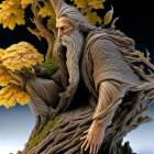 Elderly man figurine merged with tree, autumn leaves, tranquil scene